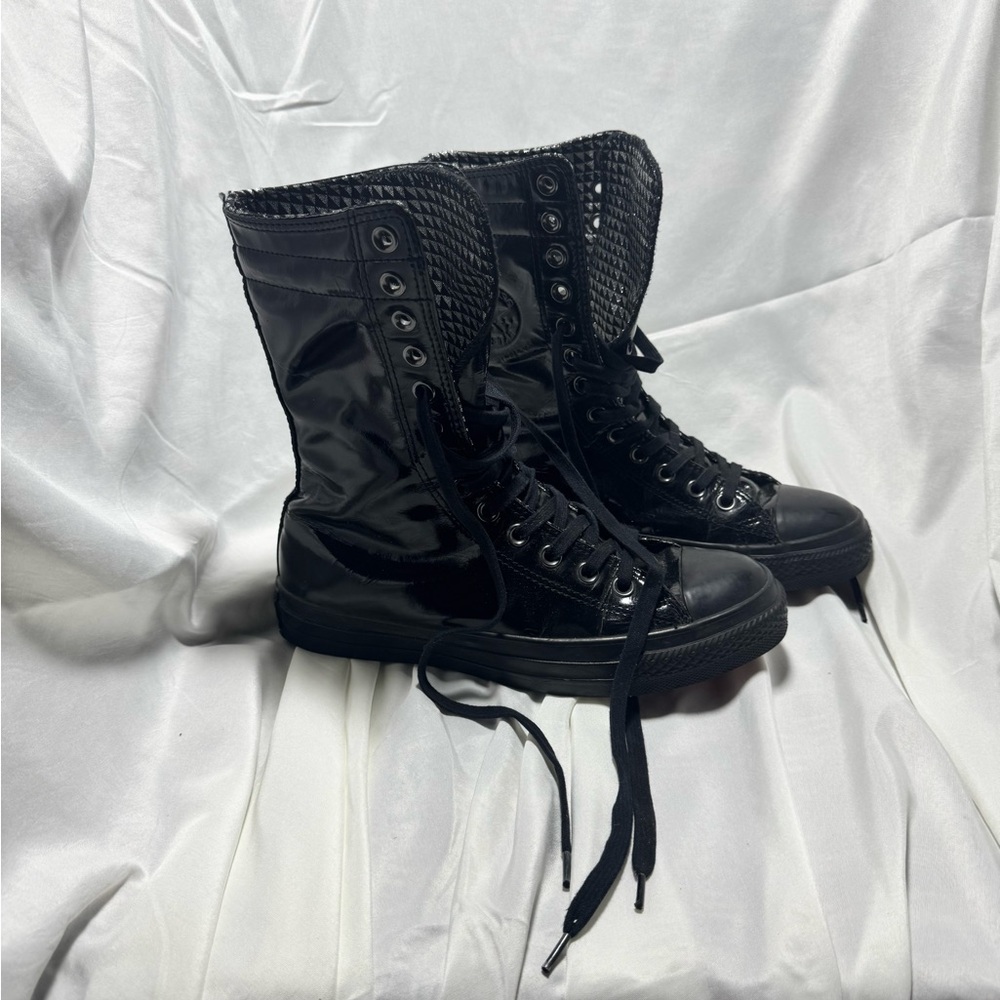 Converse Mid-Calf Black Patent Leather Lace Up Sneakers W8 / M6 VINTAGE EUC!